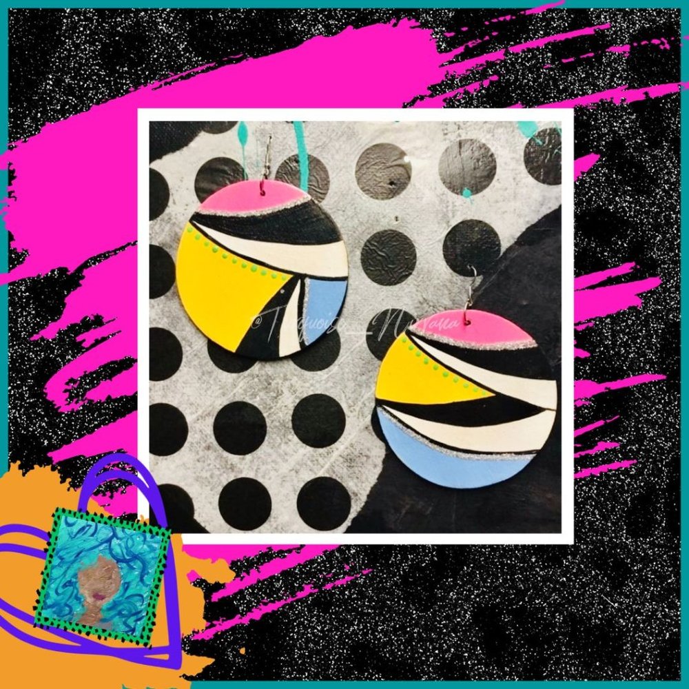 L-26: Pink Yellow Blue Black White Abstract Earrings